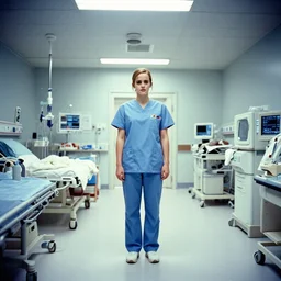 emma watson, nurse scrubs, hospital, extreme far view, long shot, full body, award winning, kodak ektachrome expired blue tint,