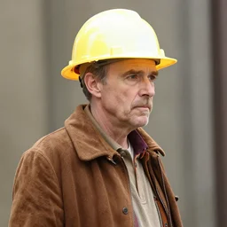 a man who looks like christopher lloyd as doc brown back to the future, wearing a construction hat - h 7 6 8