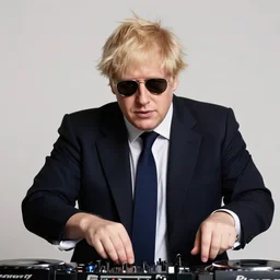 Boris Johnson with sunglasses DJing, photoreal