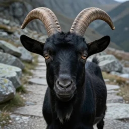 detailed closeup face of a black goat in a path in avila mountains, granite stones, 4 k, concept art, by wlop, ilya kuvshinov, artgerm, krenz cushart, greg rutkowski, pixiv. cinematic dramatic atmosphere, sharp focus, volumetric lighting, cinematic lighting, studio quality