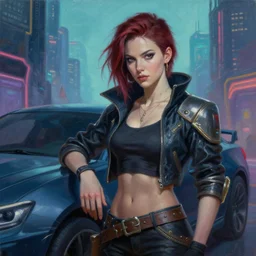 portrait of vi from leage of legends in a cyberpunk city next to a car. by Daniel F. Gerhartz, hyperrealistic oil painting, 4k, studio lightning