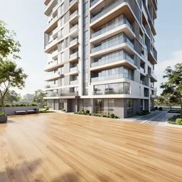a modern apartment with wood floors in a high-rise building downtown ultra-realistic 3D render architecture