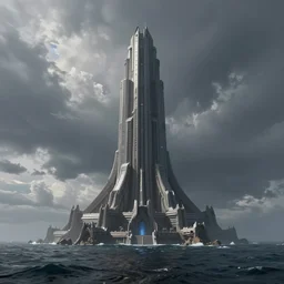 star wars concept art by greg rutkowski, a palatial and imposing grey wide tower emerging from the sea in the middle of a ocean landscape, enigmatic atmosphere, beautiful and cinematic lighting, artstation hq.