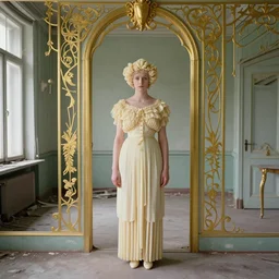 an ivory lady in an soviet golden liminal abandoned room, film still by wes anderson, depicted by balthus, limited color palette, very intricate, art nouveau, highly detailed, lights by hopper, soft pastel colors