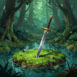 sword stuck in a pond island, rainy enchanted forest of the ancients, moody high exposure, vibrant deep saturated colors, digital painting, concept art, highly detailed, visual novel, by noah fowkes