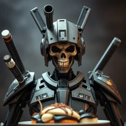 combat android, gun for a head, katana arms, skeletal face, military prototype, photography, dessert