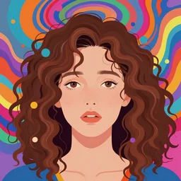 a colorful vibrant closeup portrait of a simple caucasian woman entering the void with curly mid length brown hair with a calm afraid aesthetic face dreamy vibes and dreaming psychedelic hair, by kawase hasui, moebius, edward hopper and james gilleard, zdzislaw beksinski, steven outram colorful flat surreal design, hd, 8 k, artstation