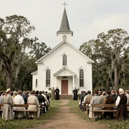 1 9 th century southern gothic scene of a religious gathering, louisiana, bayou in the background, old white wooden church