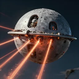 high - quality photo of steampunk style death star, firing lasers.