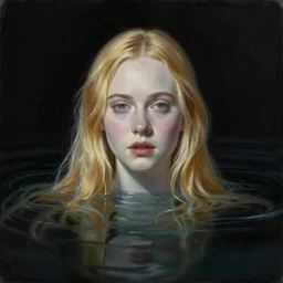 Painting of Elle Fanning in pitch black water, only the top half of her face is visible, long blonde hair, delicate, pale milky white porcelain skin, by Edward Hopper. 8K. Extremely detailed.
