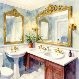 a hiper intricate watercolor of a beatiful bathroom with mirror, extremely detailed, sharp focus, wide view, smooth, digital illustration, colorfull, by william turner art, by greg rutowski
