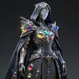 cybernetic crystal assassin, award winning concept render, realistic, intricate linework, beautiful spectrum of colorful gems on dark intricate armor cloak, cyborg, clear focus, glowing, baroque, hooded, ornate!!!, futuristic, detailed, moody, magical, wlop, chebokha, rutkowski, artgerm, shinkai