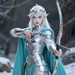 a mid - shot portrait of a snow elf in a turquoise cape and silver armor with a bow, pale skin, winter vibes, intricate, elegant, art by artgerm and greg rutkowski and alphonse mucha, concept art, sharp focus, octane render, cgsociety