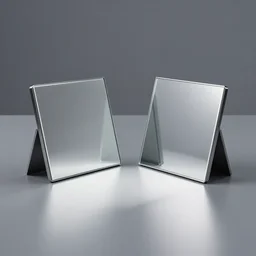 two small square mirrors standing parallel to each other refracting each other recursively on a table in a studio, octane render 8 k