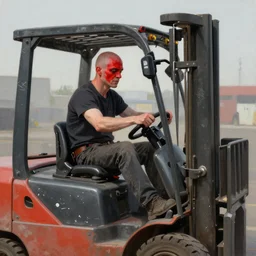 a bald drunk man with a pale red face. In a forklift truck. Hyper realistic, ultra detailed, full color, digital painting, concept,