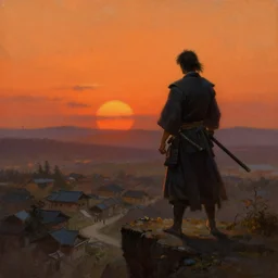 A samurai overlooking a village from a cliff, sunset, orange sky, moody, oil on canvas by Frank Frazetta, digital art, artstation, WLOP, CGSociety, Mandy Jurgens