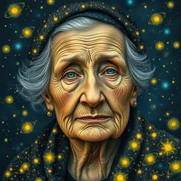 old ukrainian woman!!!! fully covered in yellow and blue glimmering galaxies!!!, disarming, enchanting, fragile, hopeful, cloudcore, portrait, gapmoe yandere grimdark, trending on pixiv fanbox, painted by makoto shinkai takashi takeuchi studio ghibli, akihiko yoshida