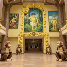 main hall with monkeys statues, yellow and brown decorations by studio ghibli painting, by ohara koson and thomas kinkade, natural