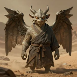 a portrait of a friendly gargoyle monk warrior with small horns and large wings, in the style of bayard wu, trending on artstation, desert background, shadowy lighting, chaotic undertones, high detail 8 k