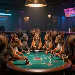 cyberpunk squirrels playing poker in a gritty cyberpunk bar.