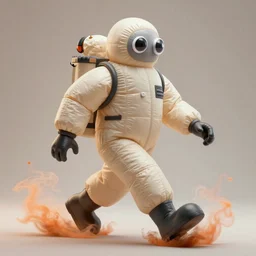 a single striding figurine of a tall giant inflated hazmat suit wearing man, long bendy arms and legs, googly eyes, tareme eyes, small head, personification, dynamic pose, detailed product photo, tone mapped, beautiful composition, orange mist swirling at feet, 8 5 mm, f 5. 8