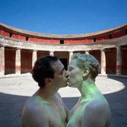 out of focus, head to shoulders kiss, photography by saul leiter and ernst haas in an empty decorated pompeii court, airforce blue, red, bright pale green, translucent white skin