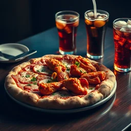 hyperealistic, award winning photography of a michelin star meal that consists of pizza, buffalo chicken wings, and a cup of soda