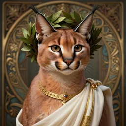 a cute caracal wearing laurel wreath and a toga, photography of kurzgesagt, deep focus, d & d, fantasy, intricate, elegant, highly detailed, digital painting, artstation, concept art, matte, sharp focus, illustration, hearthstone, art by artgerm and greg rutkowski and alphonse mucha