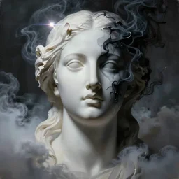 concept art of abstract beautiful female face sculp mixing with black smoke, liquid acrylic painting, lens flare, clouds, masterpiece of renaissance sculpture. artstation concept art, matte painting. ambient and neonoir. cinematic light and volumetric fog. heaven. lens flares.