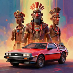 stylish 3 d vfx - drew struzan movie poster - portrait style - art of an african tribal chief and a red delorean, art style by james jean & hsiao - ron cheng, unreal engine render, digital illustration, sharp, intricate detail, volumetric lighting, ray tracing, soft light, colourful, claymation style, ernie barnes style, symmetry, acrylic on canvas, pinterest