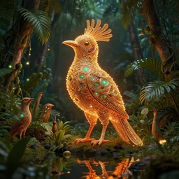 tropical fruit birdlike creature in a lush trunda vegetation, water reflection, night, backlit, warm tones, bioluminescent : by michal karcz, daniel merriam, victo ngai and guillermo del toro : ornate, dynamic, particulate, intricate, elegant, highly detailed, centered, artstation, smooth, sharp focus, octane render, 3 d