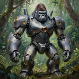 a robotic anthropomorphic humanoid gorilla mecha posing in a jungle, gundam, trending on artstation, national geographic, 4 k, 8 k, highly detailed, sharp, oil on canvas