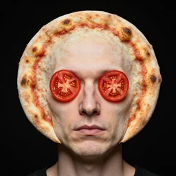 portrait of man with a rare facial deformity making the head a flat and circular disc, looking like a pizza, doughy skin with bakes crust like with flecked burnt spots, features that look like tomato slices, soft lighting, sharp focus, highly symmetrical, black background, masterpiece, case photo by kenneth willardt