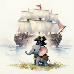 watercoler on rough paper, little elefant ridden by a pirate, big ship in the background, artistic, foggy