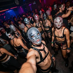 selfie at a provocative techwear packed busy rundown nightclub, lots of people, males and females breakdancing, variety of sharp sparkly creepy masks, harnesses and garters, retrofuturism, brutalism, cyberpunk, sigma 85mm f/1.4, 15mm, 35mm, tilted frame, long exposure, 4k, high resolution, 4k, 8k, hd, wide angle lens, highly detailed, full color, harsh light and shadow, intoxicatingly blurry