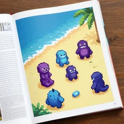 isometric pixelart, doom monsters chilling out on the beach, magazine page