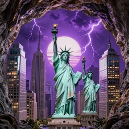 of a cave with a miniature futuristic photo - realistic new york city with mirror windows : 4, the statue of liberty : 5, highly symmetrical, balanced, purple lightning clouds : 3, octane render, violet sun : 4, in the style of sahm : 3, hd, ultra - realistic, in unreal engine