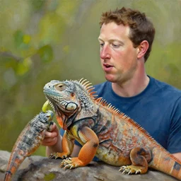 oil painting of mark zuckerberg eating a marine iguana