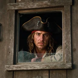 gif, russell crowe as javert with large wide pirate captain hat peering out concerned down to camera from a small glass window in a wooden wall, 2 0 1 2