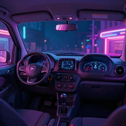 9 0 s fiat panda interior at night, with neon lights in the background, artstation, 3 5 mm, vaporwave