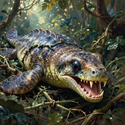 plesiosaur, ancient marine reptile, fanged serpent face, vicious, snapping teeth, bulbous eyes, tangled in jungle bramble, ensnared in vines, oil painting, dappled light, global illumination
