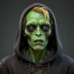 centralized head - on character portrait, green - zombie with blond hair, dark hood, alphonse mucha, rhads, ross tran, artstation, artgerm, octane render, 1 6 k