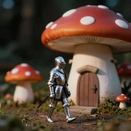 outdoors, a tiny human knight in silver metal armor, is walking beside a cute mushroom cottage, anamorphic, dramatic lighting, professional macro photography, kodak ektar film