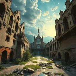 a beautiful hyperdetailed painting of urbex architecture nature city unfinished building abandoned abbey industrial architecture building by richard rogers, scumm bar magic realism myst landscape fisheye retrowave bladerunner 2 0 4 9 nightsky, archdaily, wallpaper, highly detailed, trending on artstation.