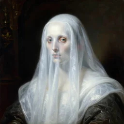 a baroque neoclassicist close - up portrait of a mystical glowing ghost wearing a white liquid sheet in a big dark room. renaissance portrait. highly detailed sci - fi horror painting by norman rockwell, frank frazetta, and syd mead. rich colors, high contrast, gloomy, dark background. artstation