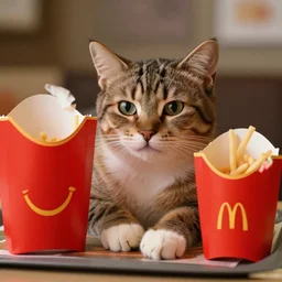high definition snapshot from a movie a cute cat relaxing in an happy meal at mcdonald's. 2 4 mm, photorealistic, photography, professional photography, directed by wes anderson