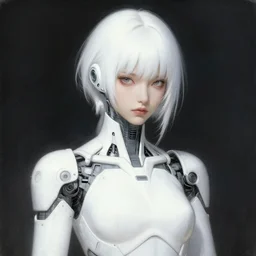 a female japanese cyberpunk cyborg android, has a standard white appearance with a little wild and mysterious beauty, artwork by adolph menzel, alien production design