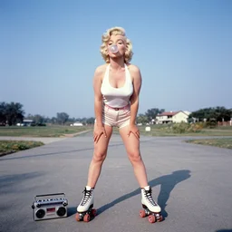 marilyn monroe blowing a bubble from bubblegum while rollerblading and listening to a walkman, kodachrome, wide angle