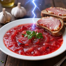 plate of borscht, brown bread with sliced salo, hyper realistic, extremely detailed, foodphoto, photorealism, garlic on background, side view, bokeh, epic lightning, yamy!!