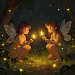 two little fairies playing with fireflies. warm atmospheric lighting. photorealistic digital matte painting, artstation.